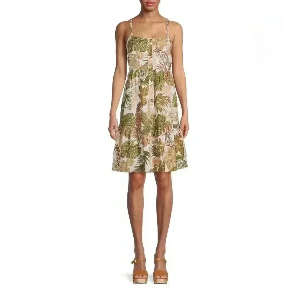 BEACHLUNCHLOUNGE Olive Branches Braided Strap Button Front Dress - size Medium